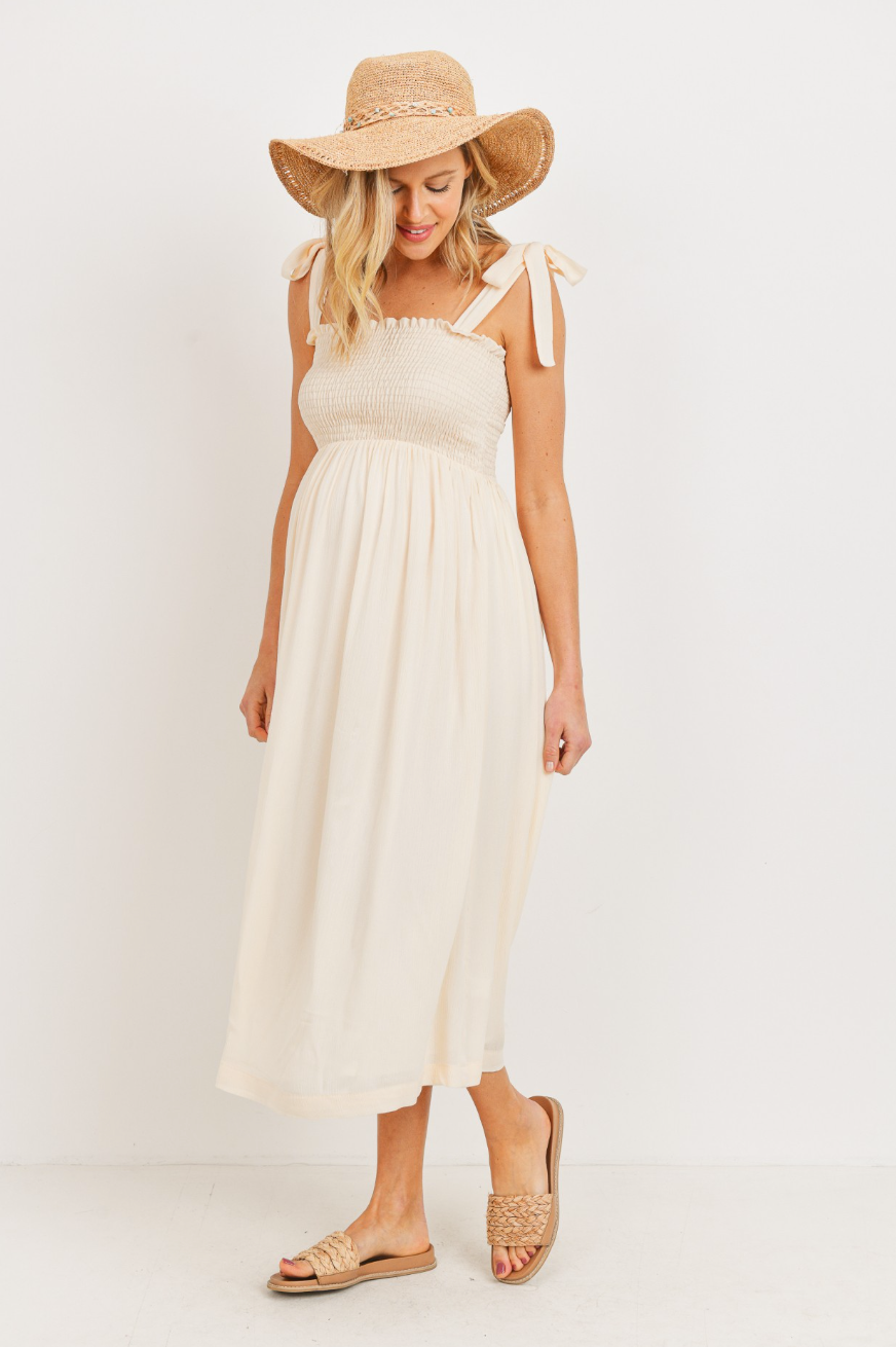 Oatmeal Tie Strap Smocked Dress
