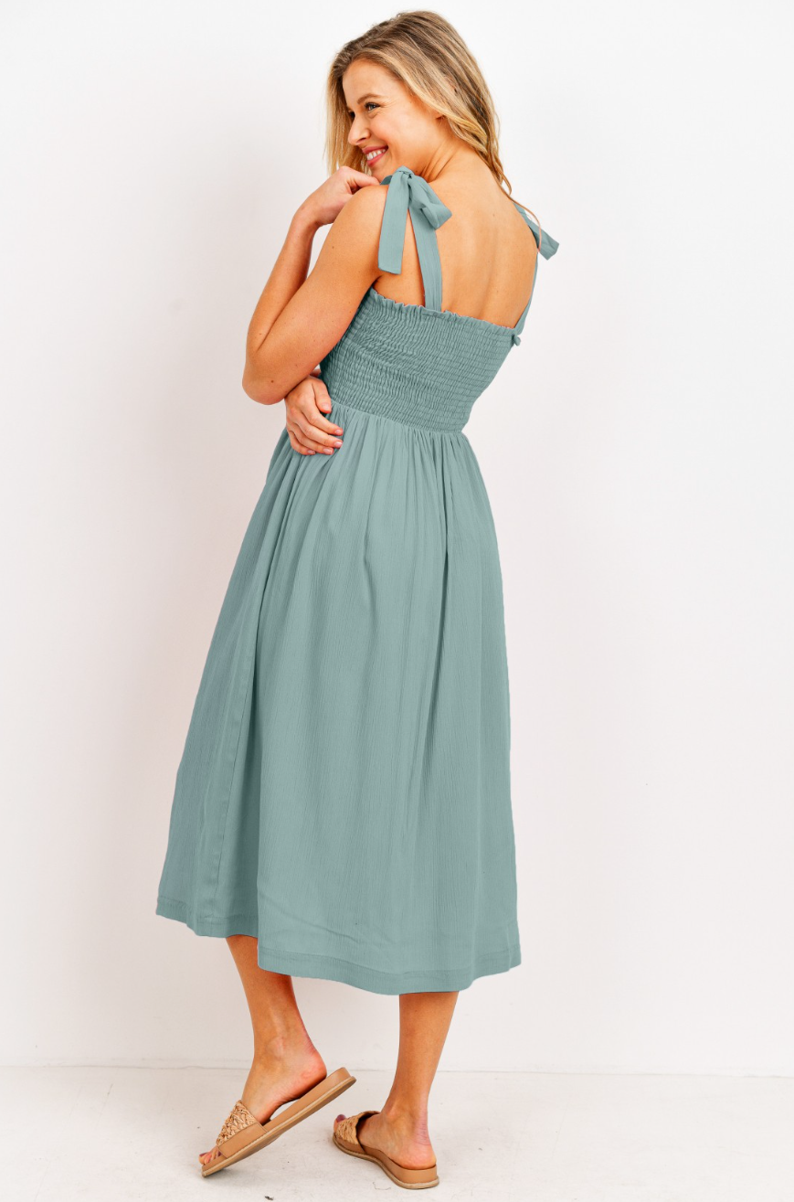 Sage Tie Strap Smocked Dress
