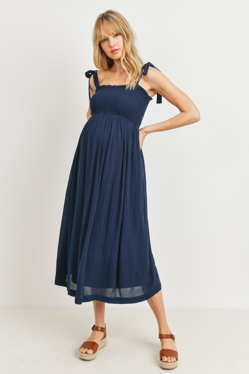 Navy Tie Strap Smocked Dress