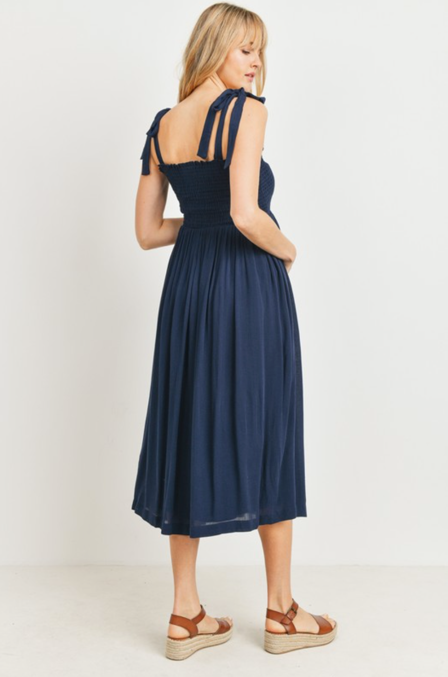 Navy Tie Strap Smocked Dress