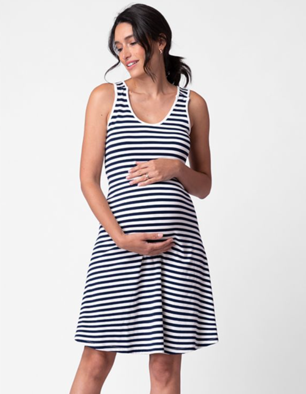 White/Navy Stripe Maternity & Nursing Flare Dress