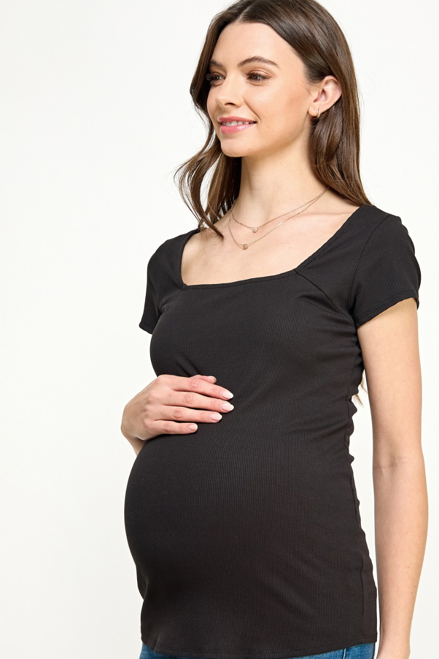 Black Ribbed Square Neck Maternity Top