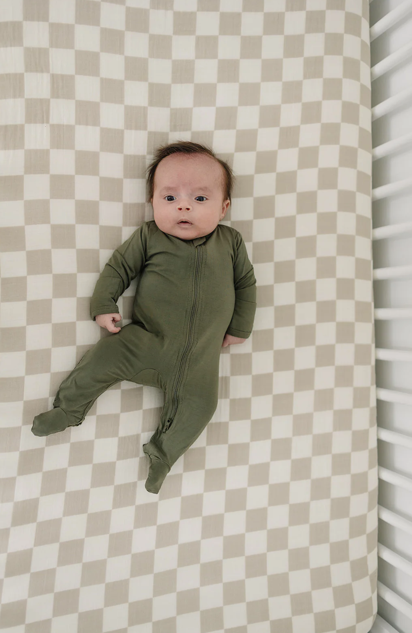 Taupe Checkered Muslin Crib Sheet