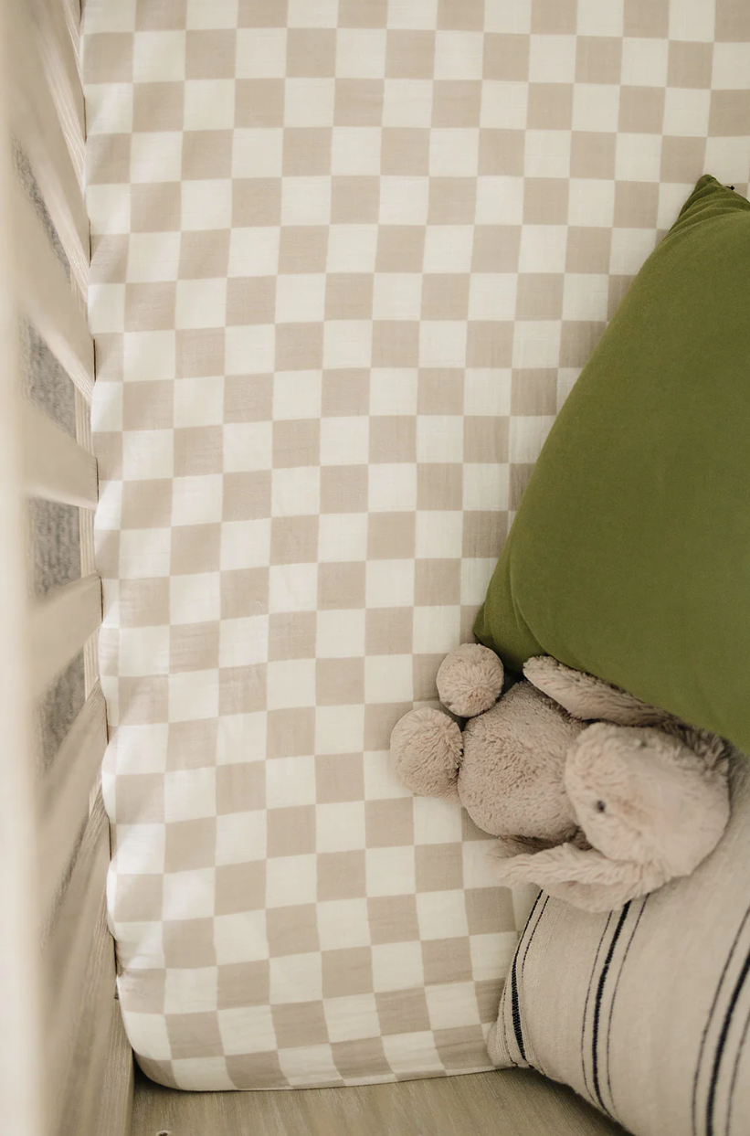 Taupe Checkered Muslin Crib Sheet