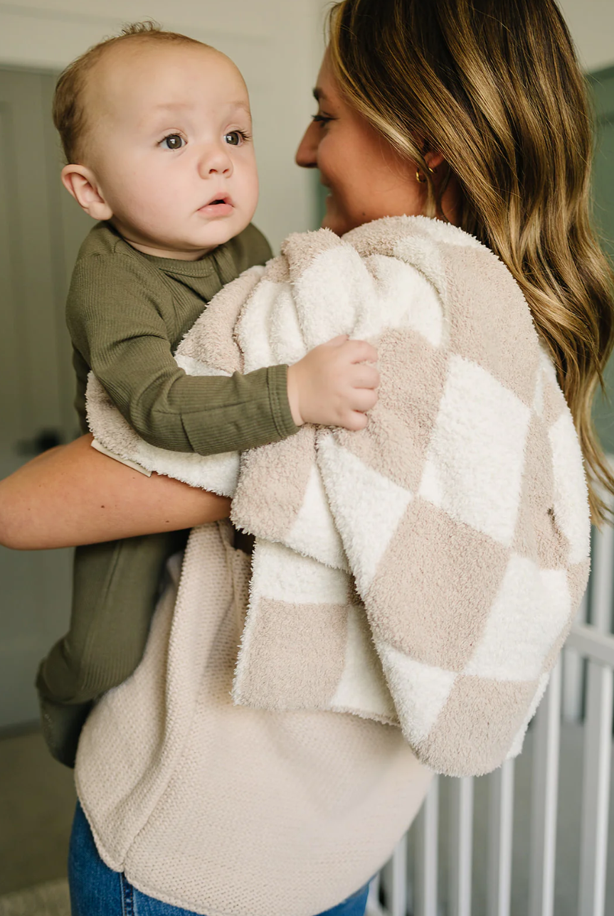 Taupe Checkered Plush Blanket