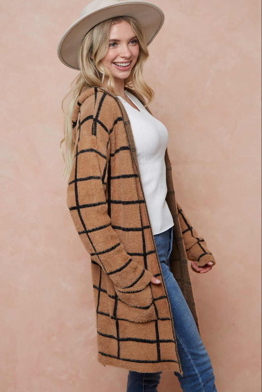 Camel Plaid Hooded Cardigan