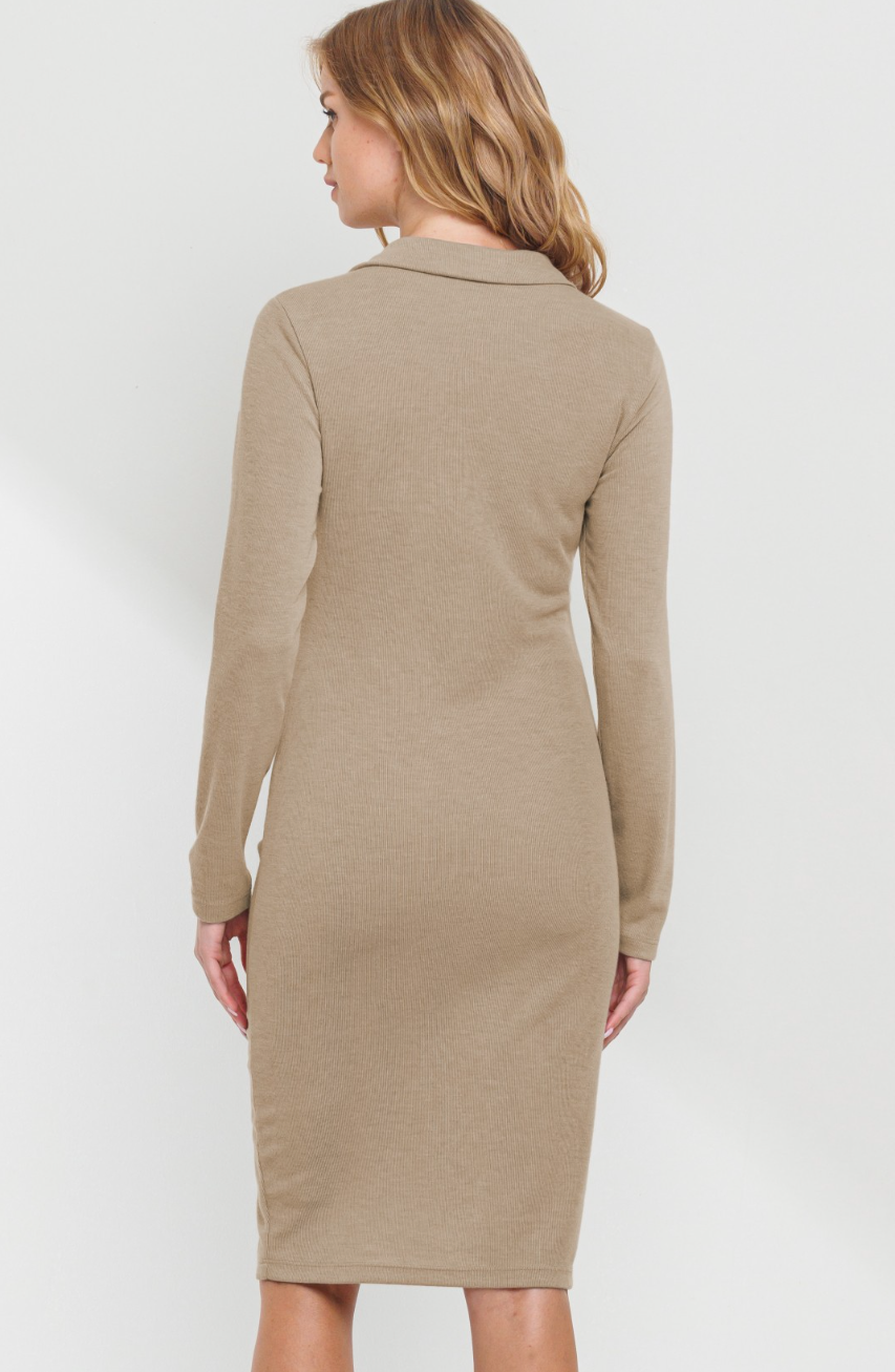 Taupe Ruched Button Down Bodycon Dress