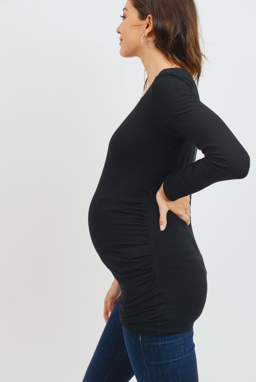 Black V-Neck Side Ruched Long Sleeve Maternity Top