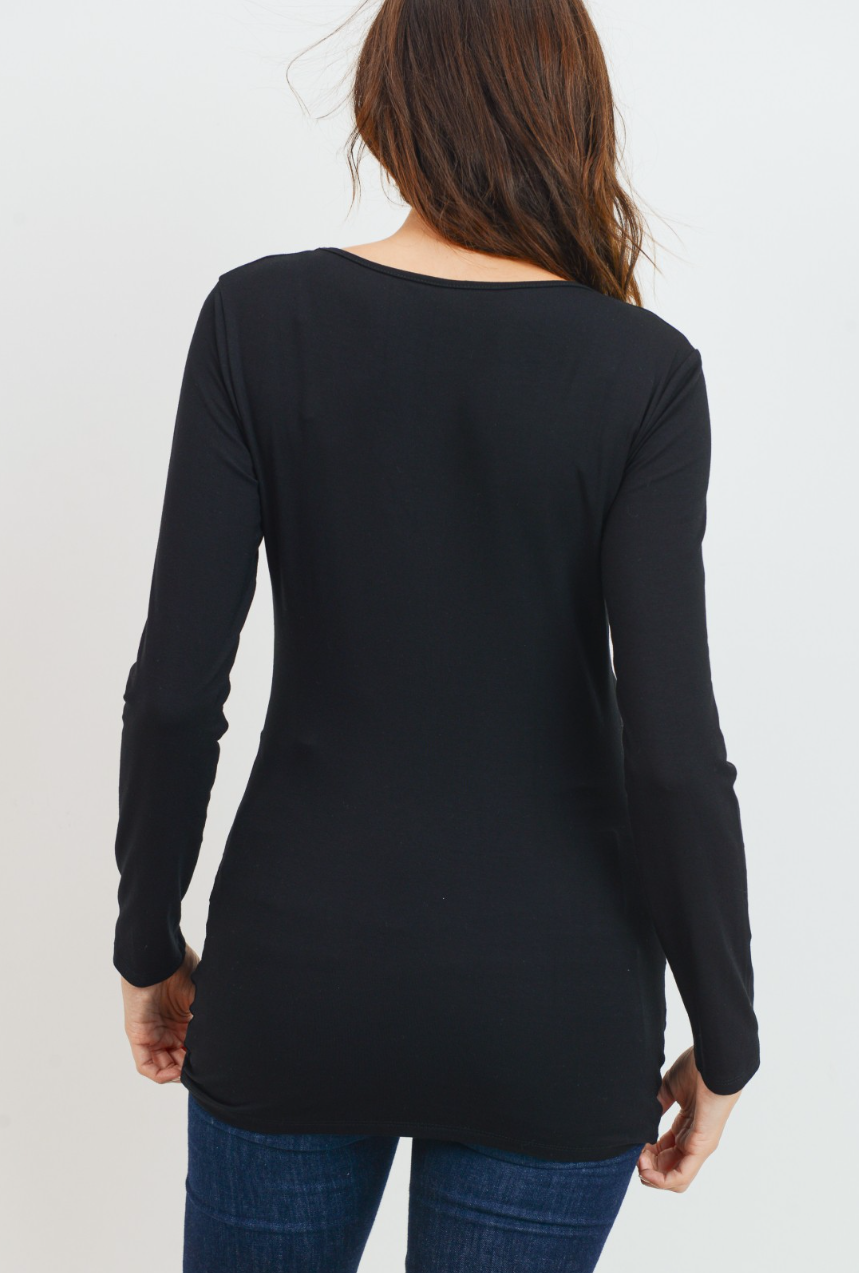 Black V-Neck Side Ruched Long Sleeve Maternity Top