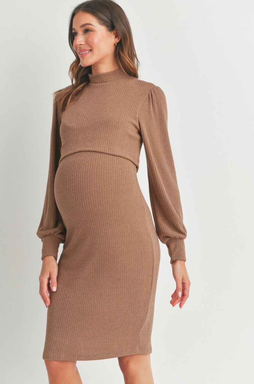 Brown Rib Maternity & Nursing Dress