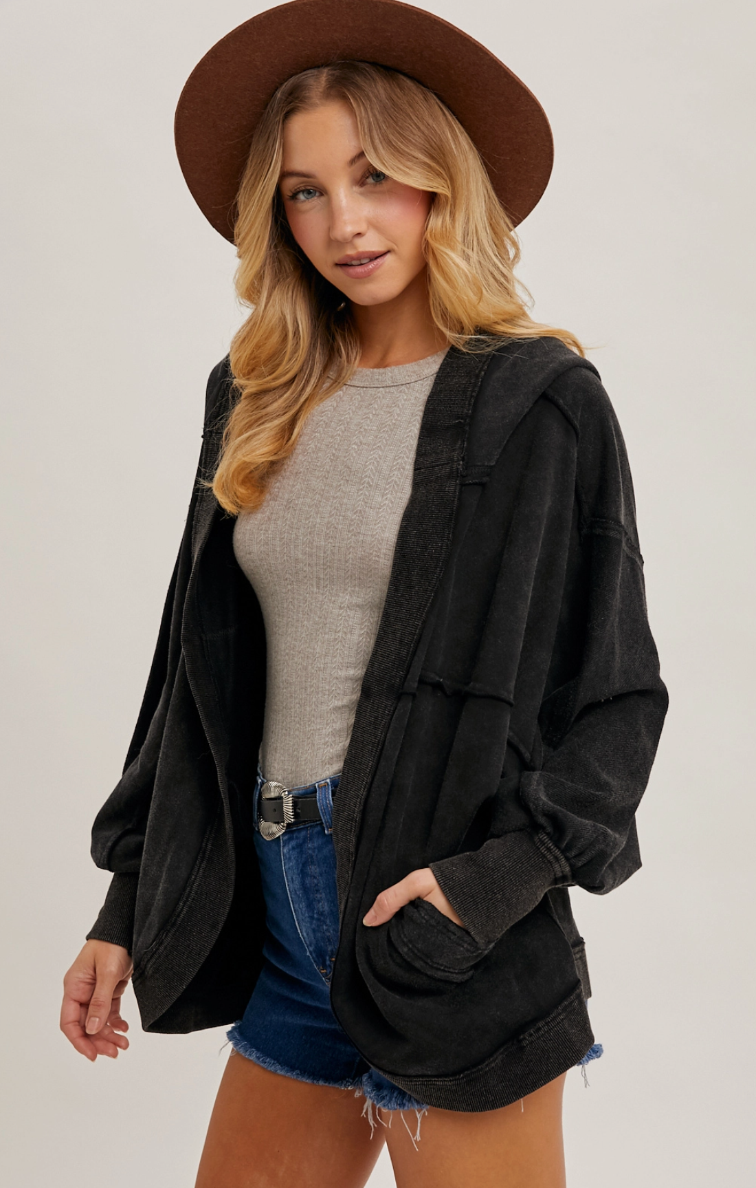 Washed Black Open-Front Exaggerated Cardigan