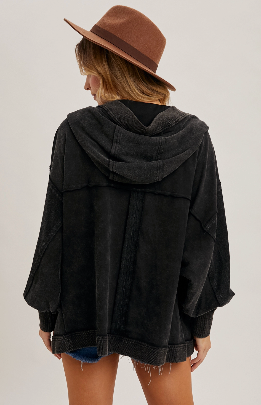 Washed Black Open-Front Exaggerated Cardigan