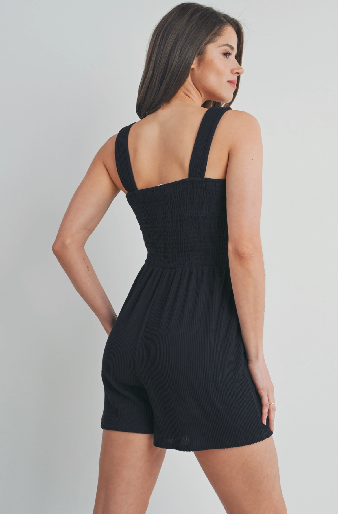 Black Smocked Ribbed Maternity Romper