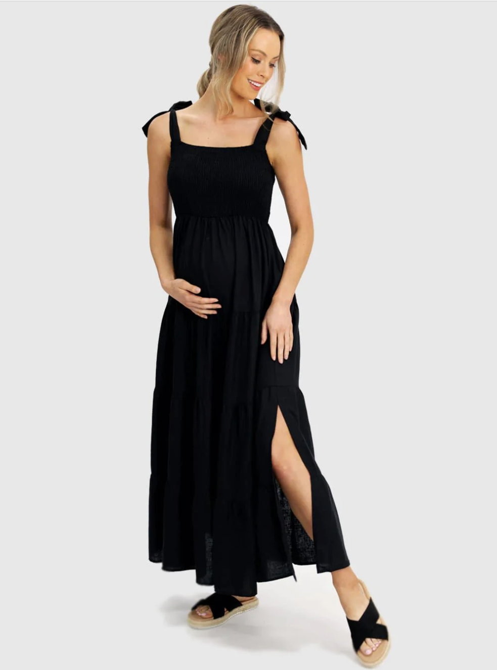 Lillana Black Linen Maternity & Nursing Dress