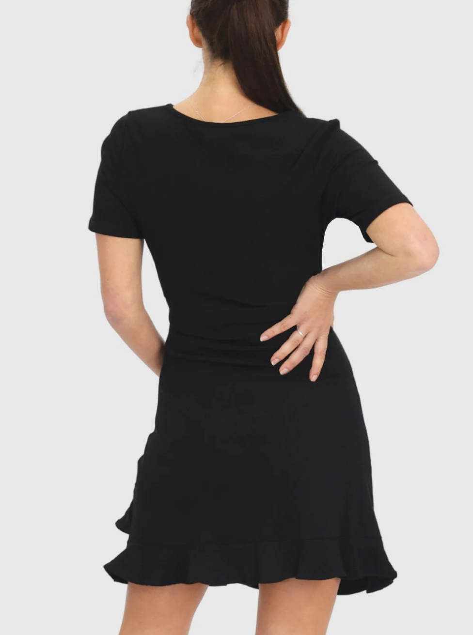 Black Short Sleeve Frill Bottom Dress
