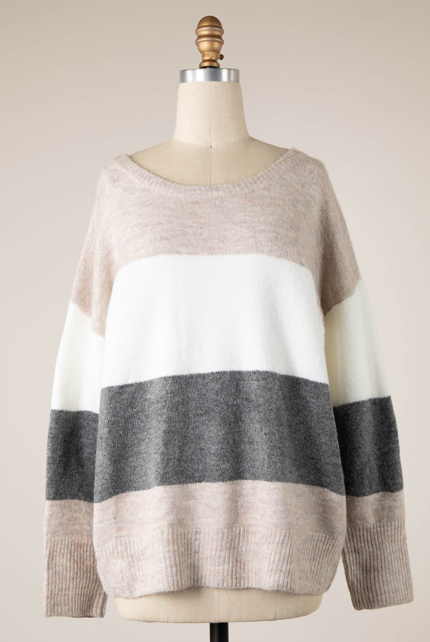 Beige/Charcoal Color Block Soft Knit Sweater