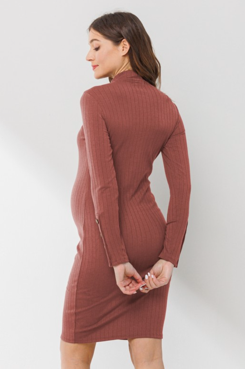 Rust Button Sleeve Maternity Dress