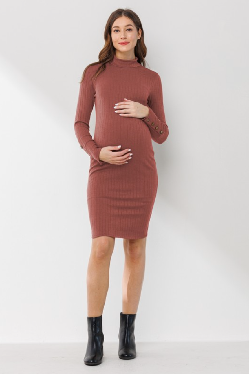 Rust Button Sleeve Maternity Dress