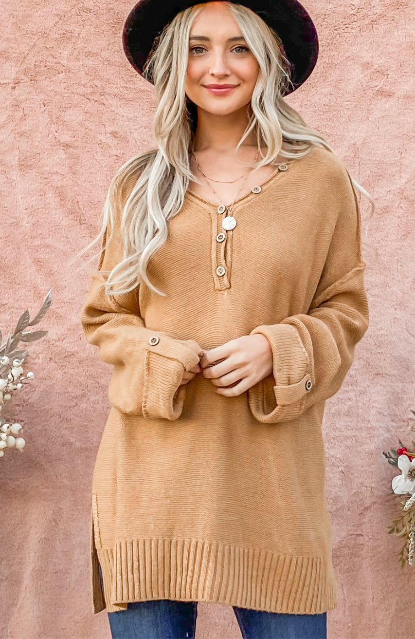 Camel Button Neck Top