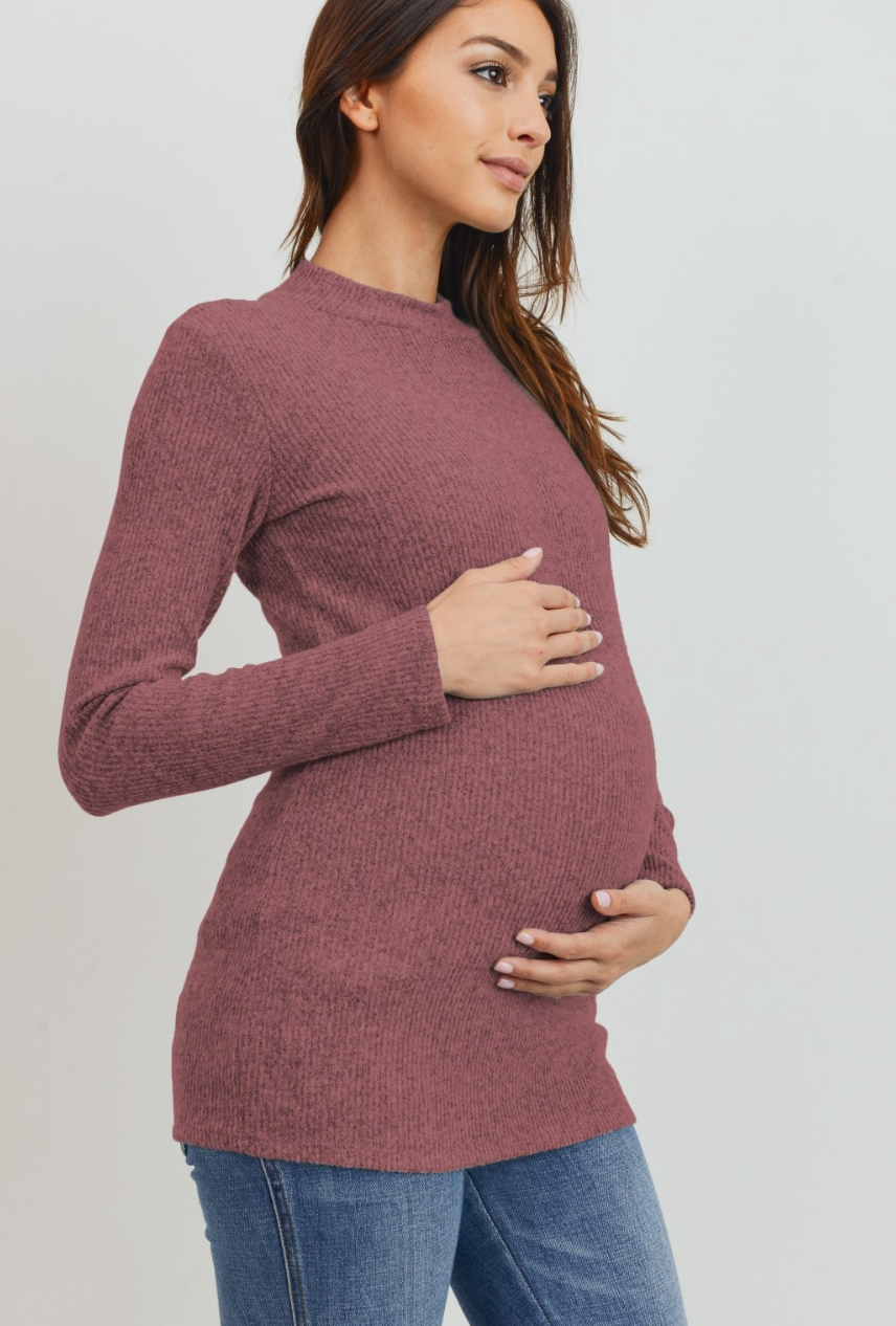 Ribbed Mock Neck Long Sleeve Maternity Top