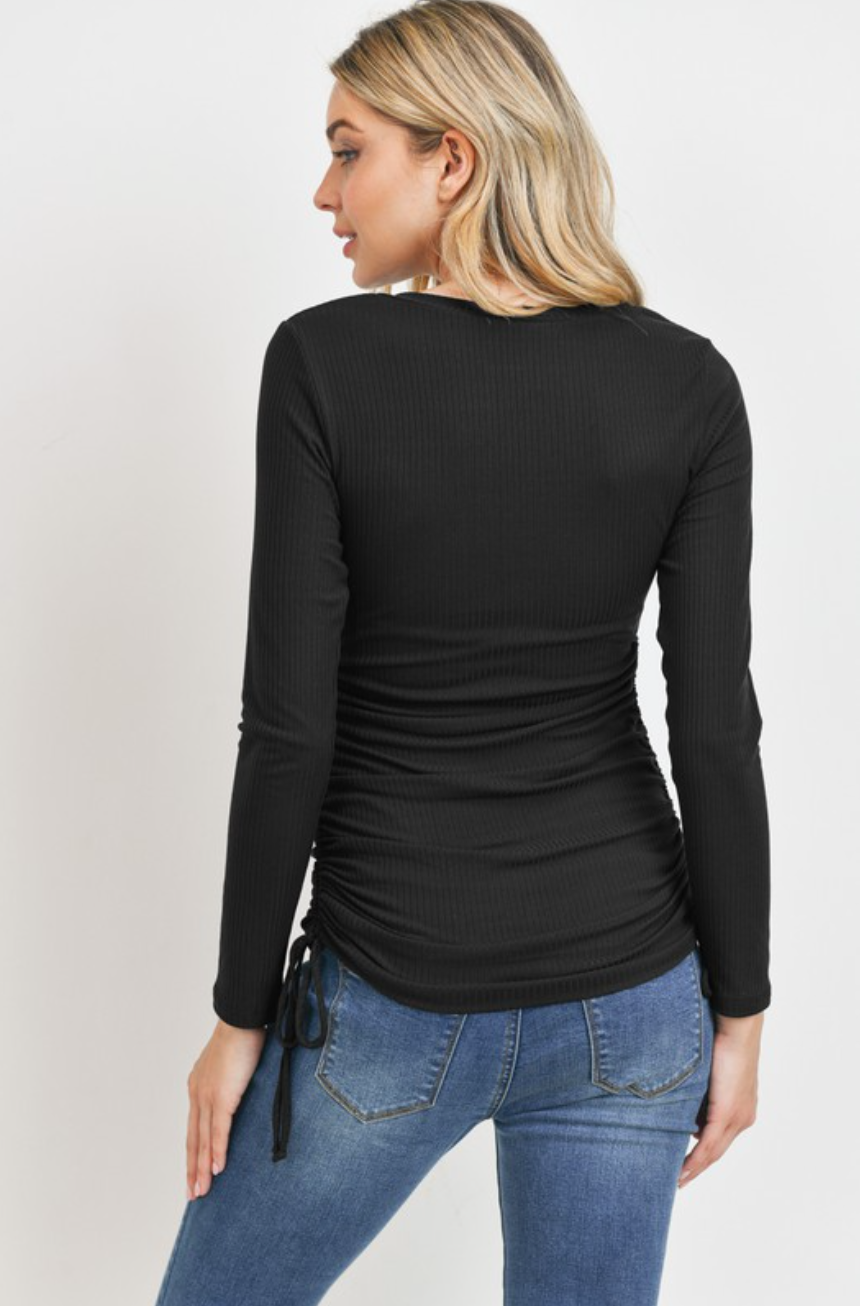 Black Ribbed Drawstring Long Sleeve Maternity Top