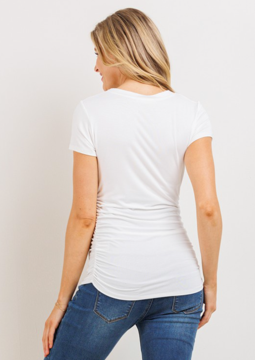 Off White Round Neck Side Ruched Maternity Tee
