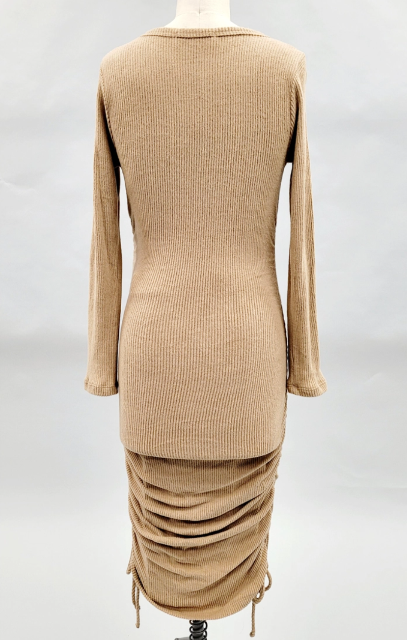 Khaki Rib Knit Drawstring Maternity Sweater Dress