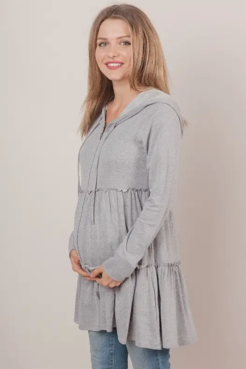 Heather Grey Tiered Maternity Hoodie