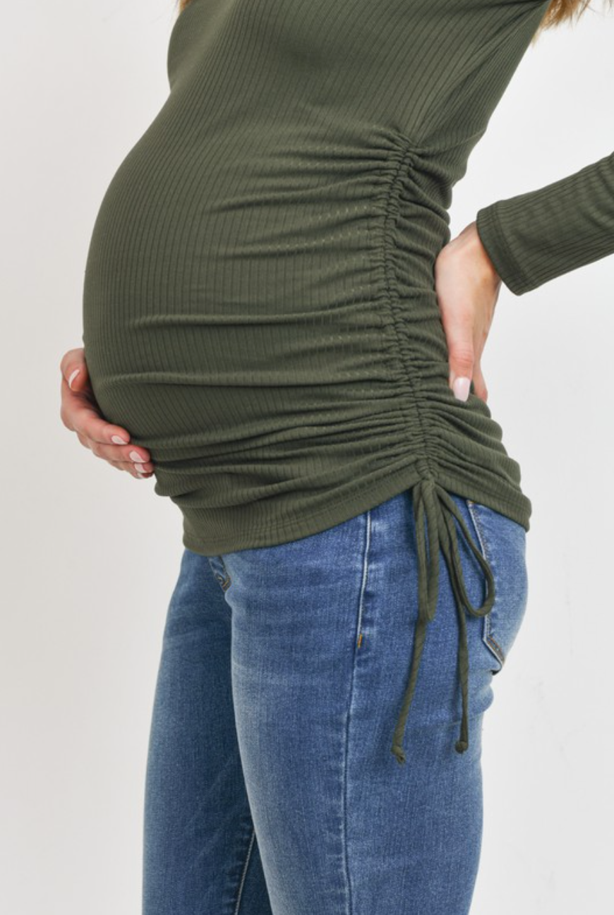 Olive Ribbed Drawstring Long Sleeve Maternity Top