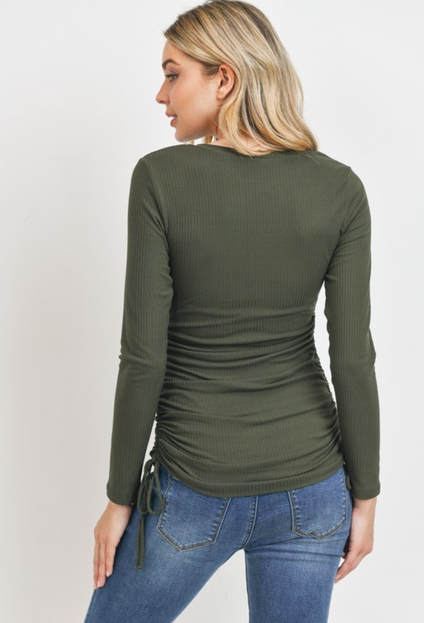 Olive Ribbed Drawstring Long Sleeve Maternity Top