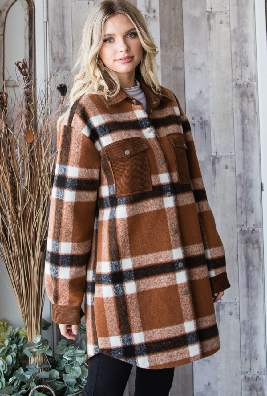 Camel Plaid Corduroy Pocket Shacket