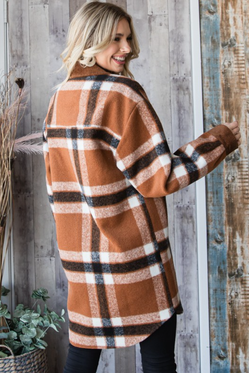 Camel Plaid Corduroy Pocket Shacket