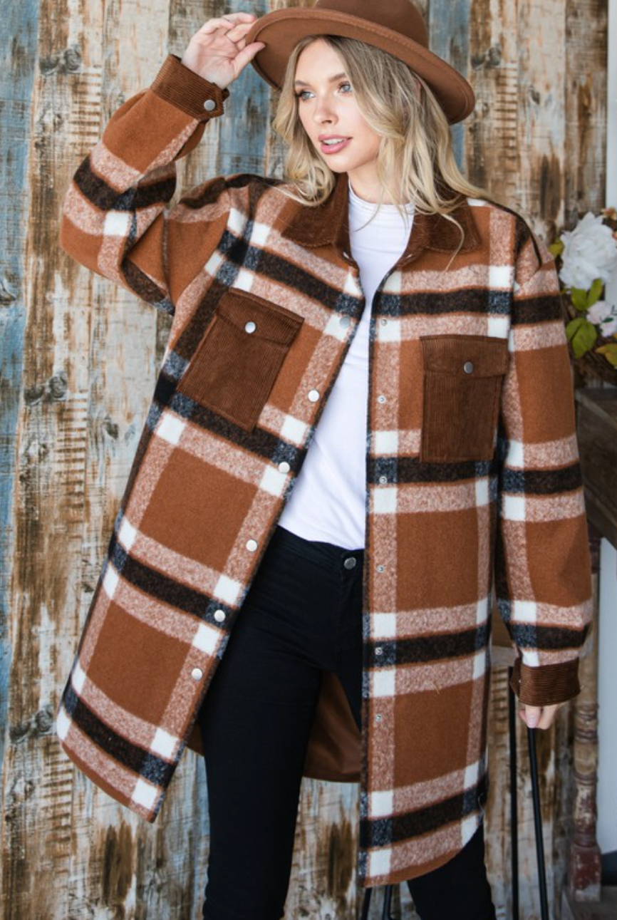 Camel Plaid Corduroy Pocket Shacket