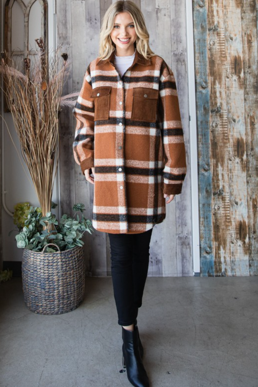 Camel Plaid Corduroy Pocket Shacket