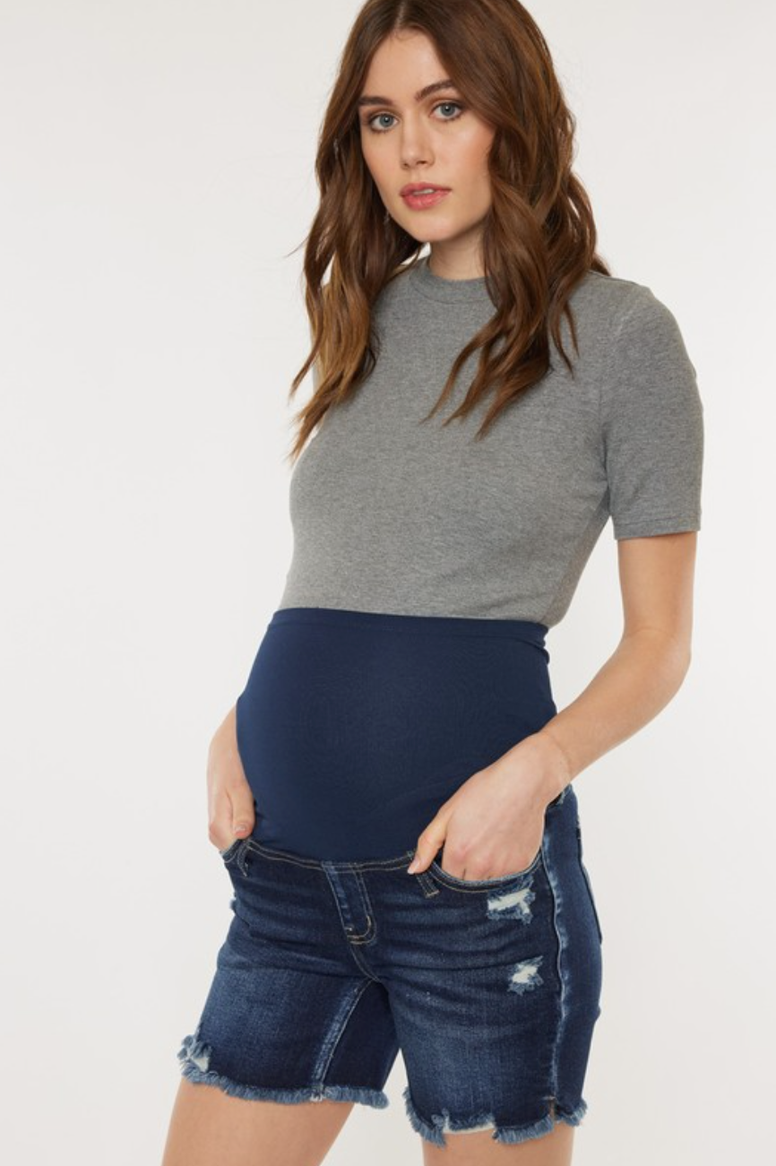 Dark Wash Distressed Maternity Denim Shorts