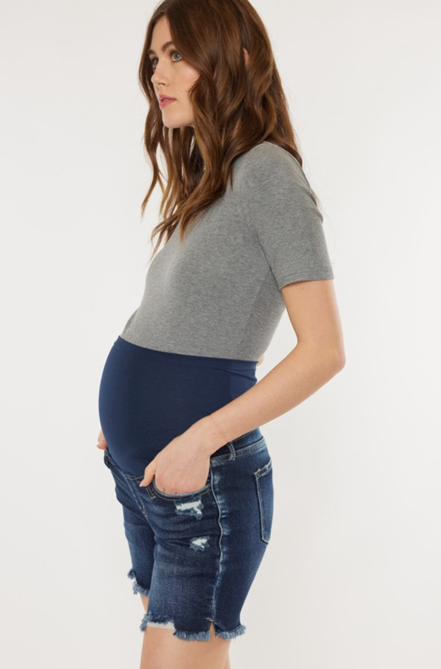 Dark Wash Distressed Maternity Denim Shorts