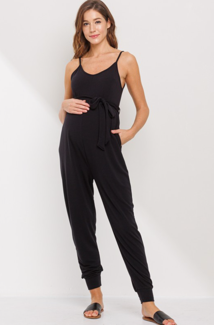 Black Belted Maternity Jumpsuit
