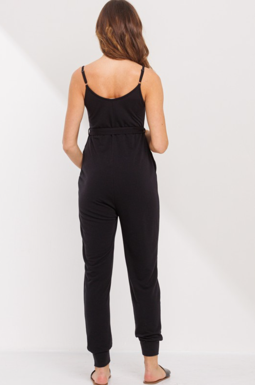 Black Belted Maternity Jumpsuit