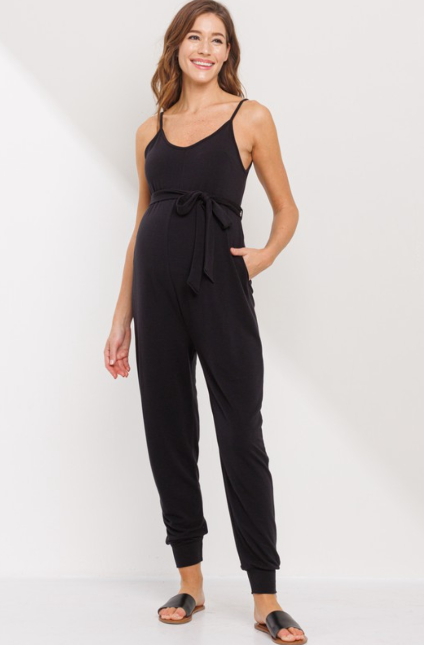 Black Belted Maternity Jumpsuit