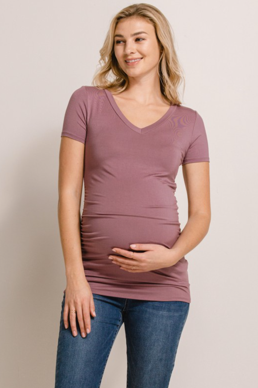 Mauve V-Neck Ruched Maternity Top