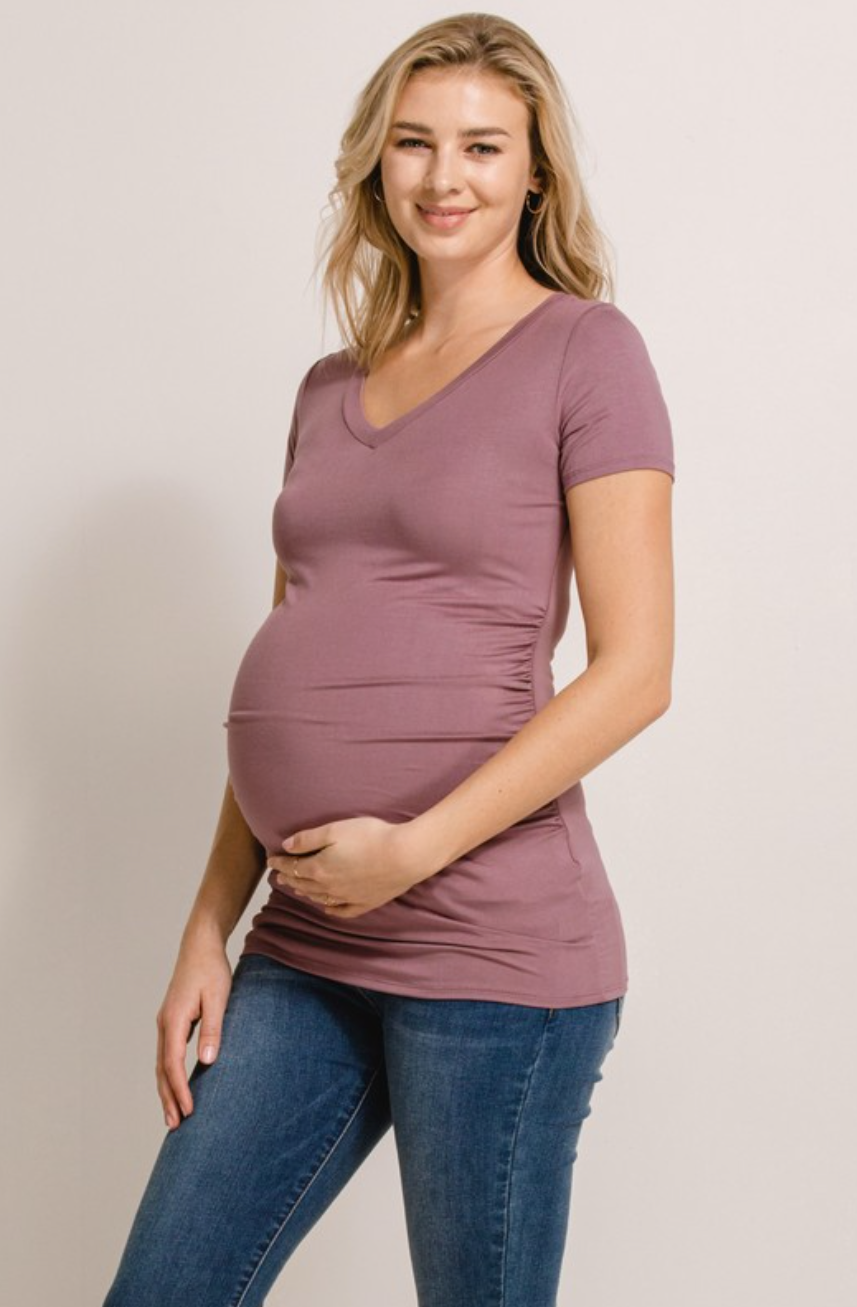 Mauve V-Neck Ruched Maternity Top