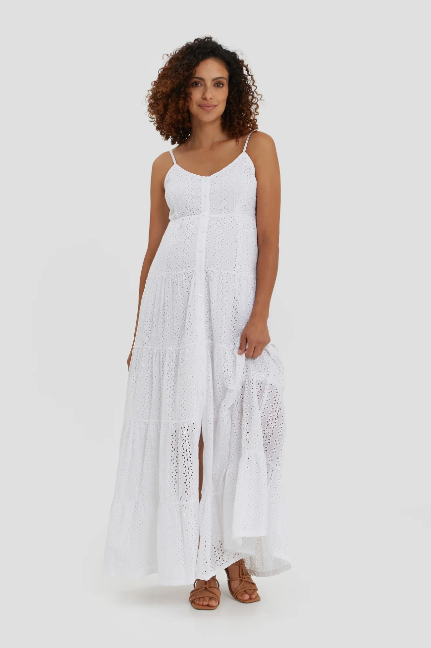 Lisboa White Eyelet Maxi Dress – Mickey Roo Maternity & Nursery Lisboa White Eyelet Maxi Dress – Mickey Roo Maternity & Nursery