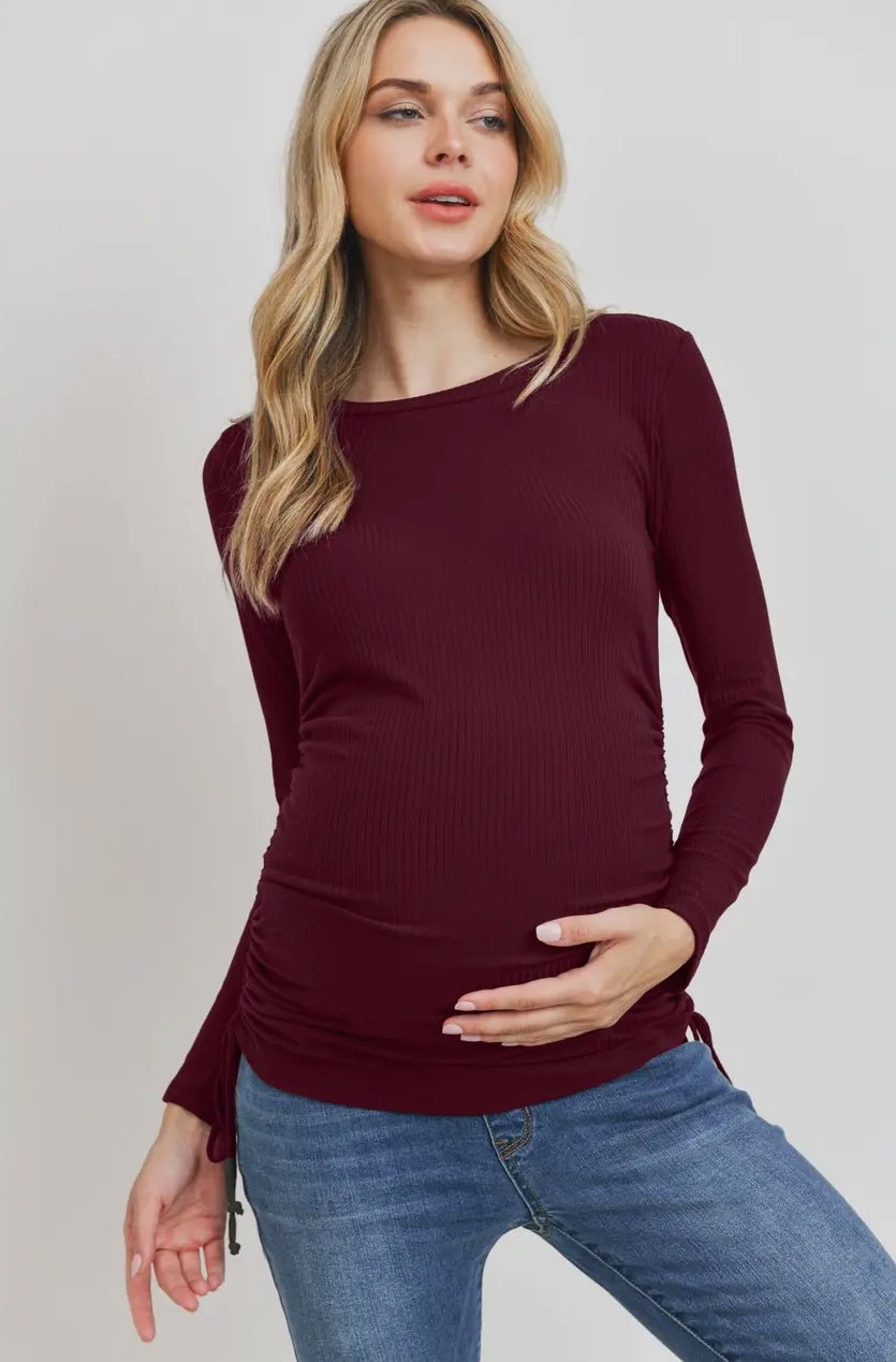 Burgundy Ribbed Drawstring Long Sleeve Maternity Top