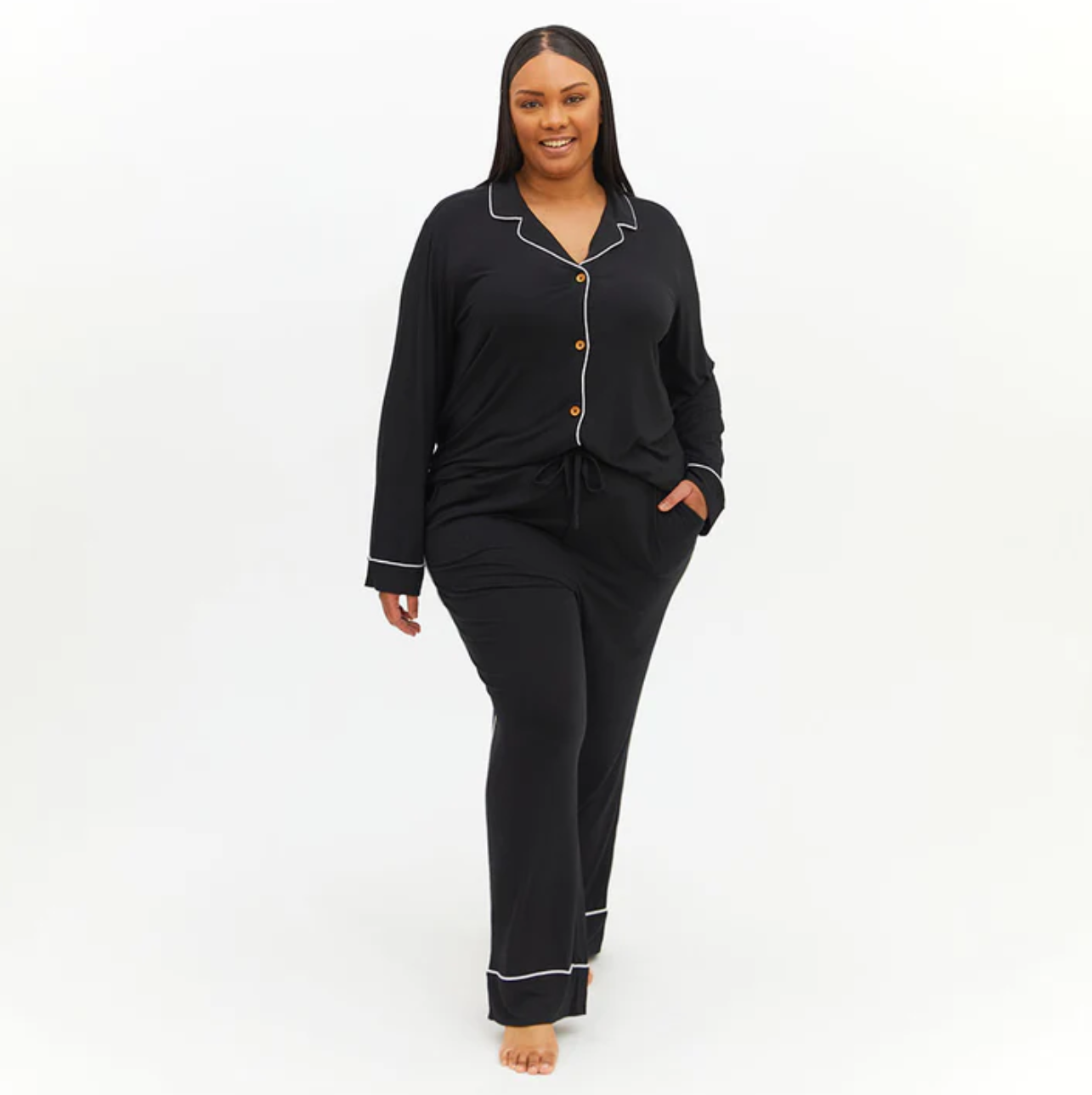 Solid Black Ribbed Relaxed Fit Pajama Set