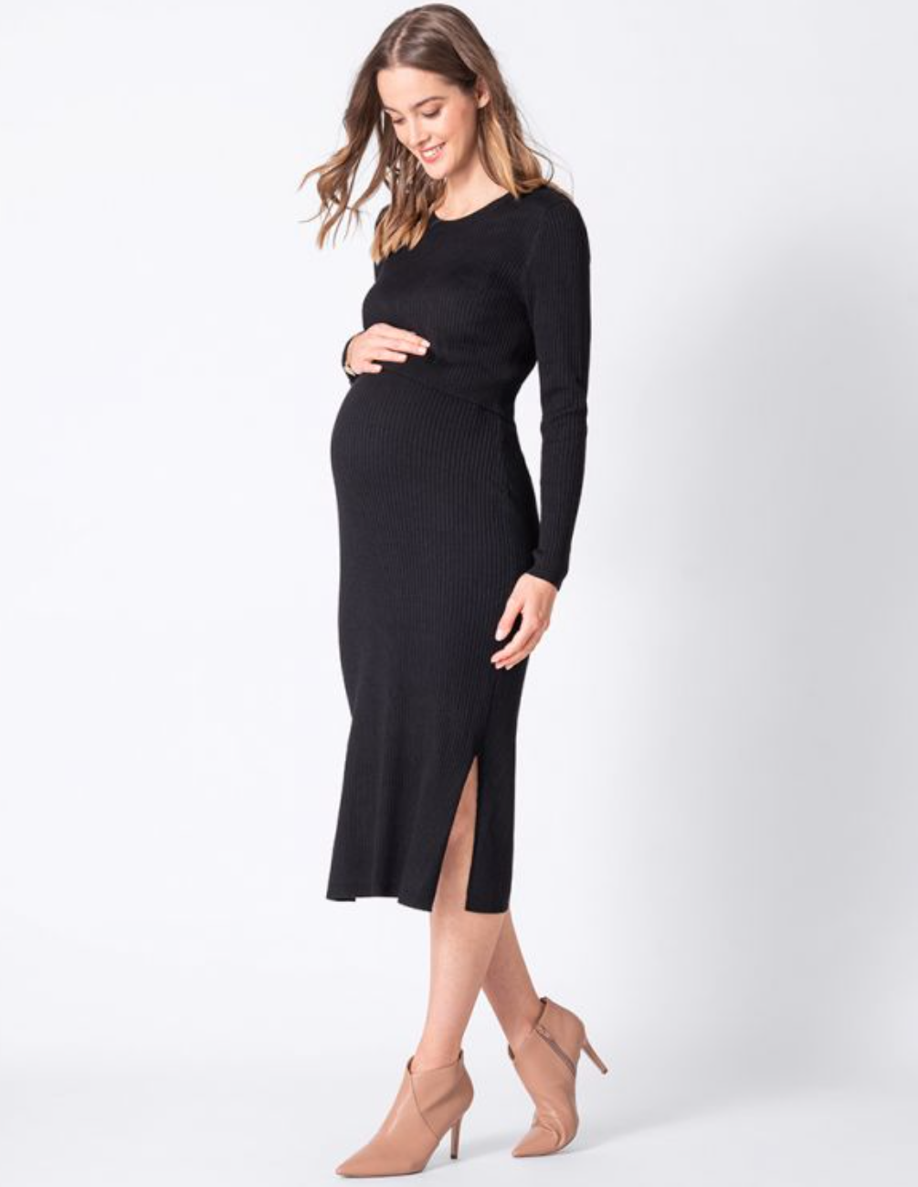 Black Rib Knit Midi Maternity & Nursing Dress