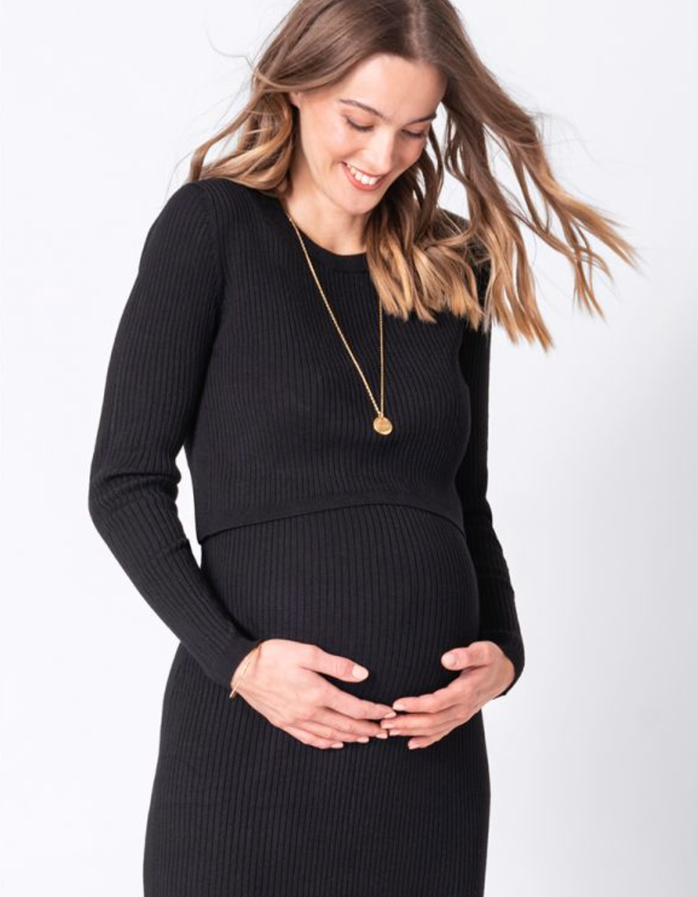Black Rib Knit Midi Maternity & Nursing Dress
