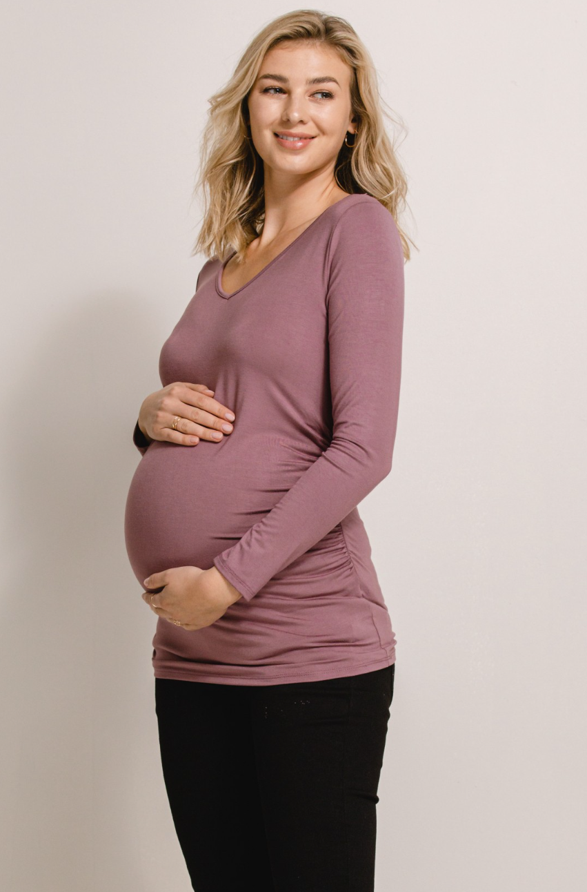 Mauve V-Neck Side Ruched Long Sleeve Maternity Top