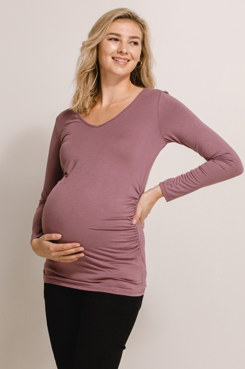 Mauve V-Neck Side Ruched Long Sleeve Maternity Top