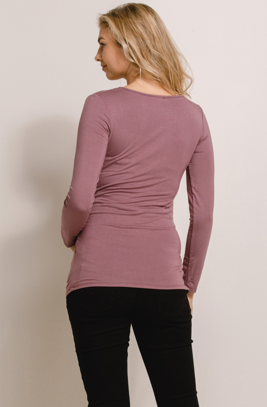 Mauve V-Neck Side Ruched Long Sleeve Maternity Top