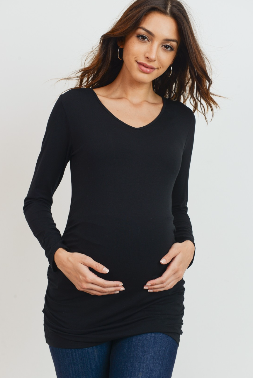 Black V-Neck Side Ruched Long Sleeve Maternity Top
